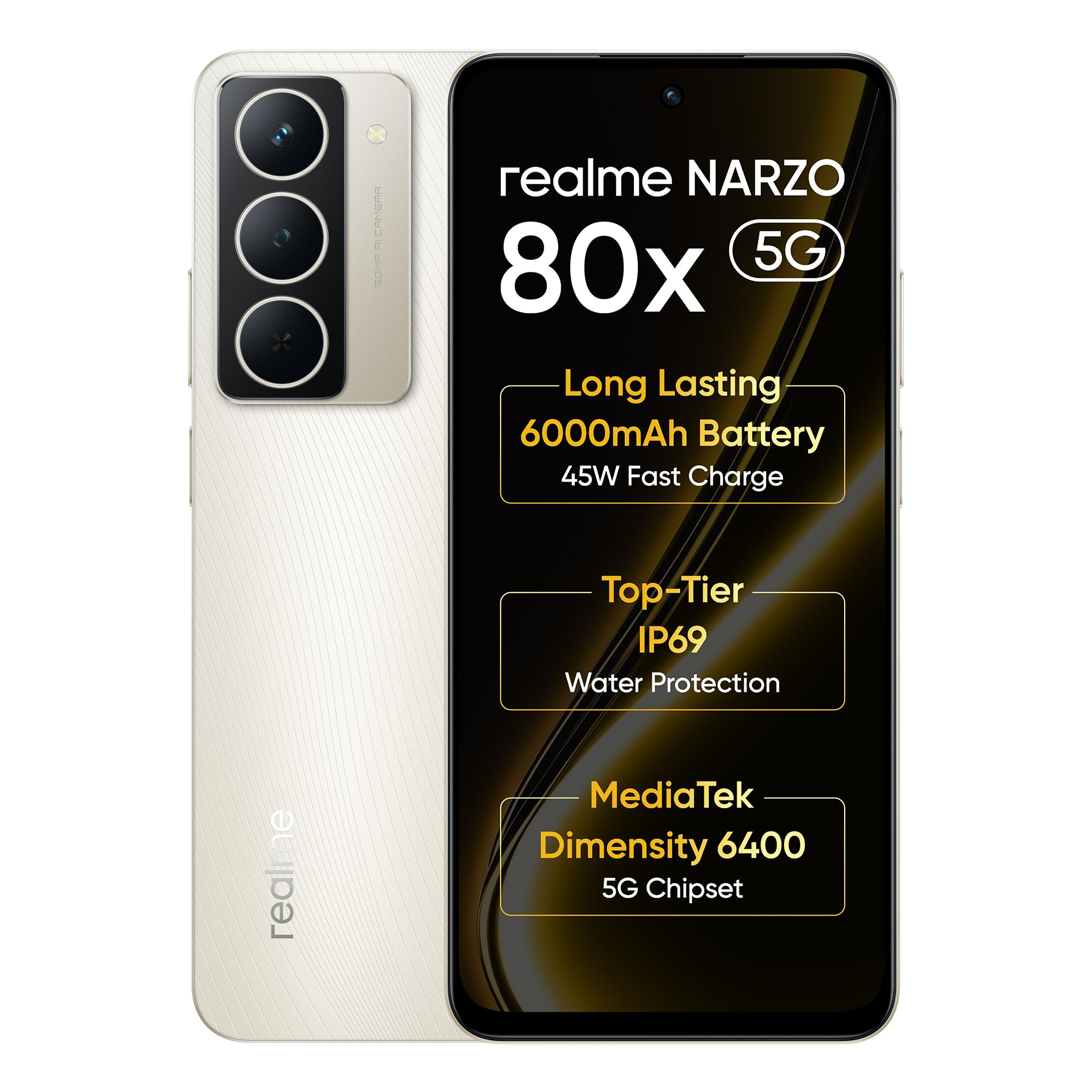 realme NARZO 80x 5G (Sunlit Gold,6GB+128GB) | Dimensity 6400 5G Chipset | 6000mAh Long-Lasting Battery | 45W Fast Charge | 120Hz Eye Comfort Display | IP69 Top-Tier Waterproof
