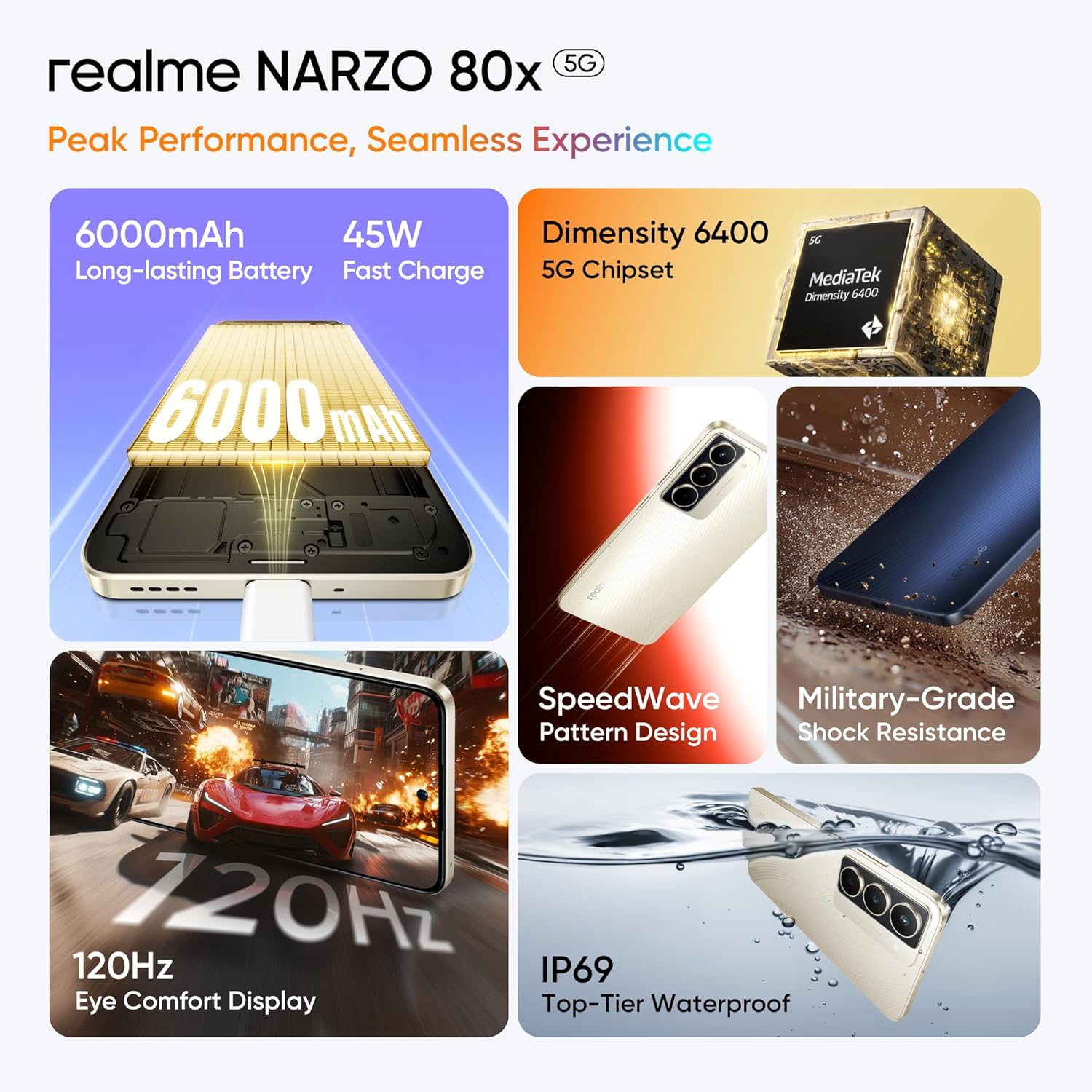realme NARZO 80x 5G (Sunlit Gold,6GB+128GB) | Dimensity 6400 5G Chipset | 6000mAh Long-Lasting Battery | 45W Fast Charge | 120Hz Eye Comfort Display | IP69 Top-Tier Waterproof