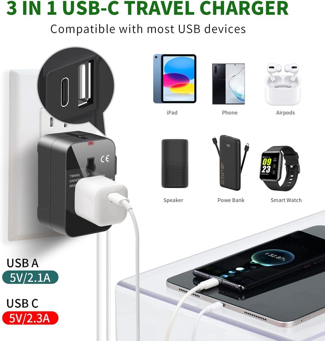 Universal Travel Adapter, International All in One Worldwide Travel Adapter and Wall Charger with USB Ports with Multi Type Power Outlet USB 2.1A,100-250 Voltage Travel Charger (Black)